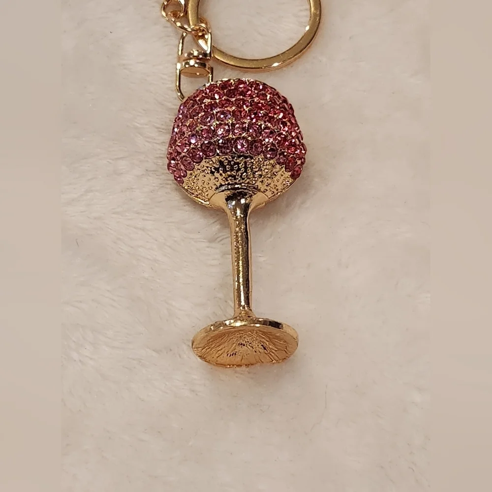Wine Glass Pink and Gold Rhinestone Keychain Bag Charm
